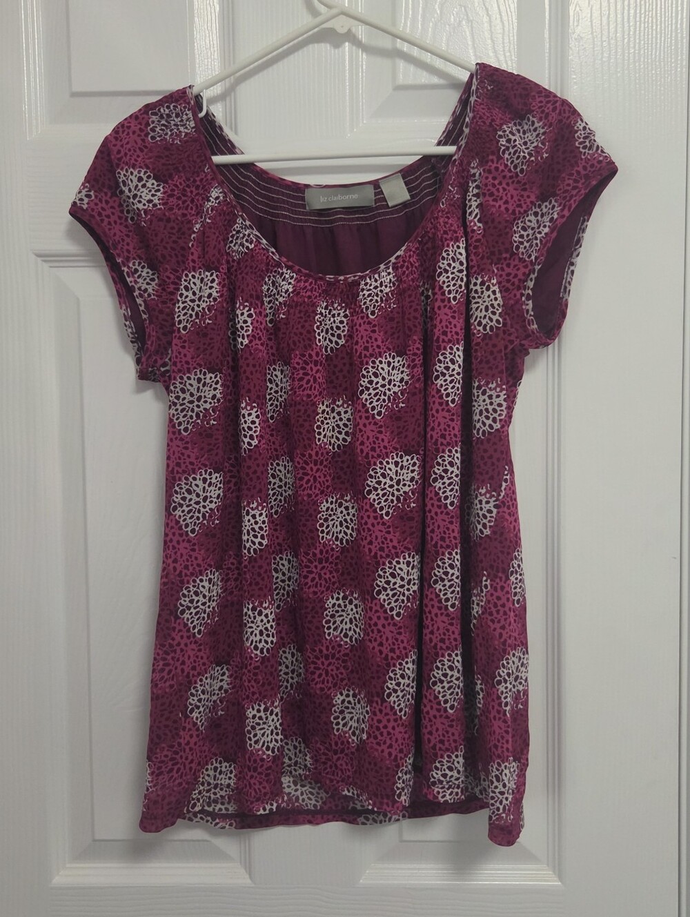 Liz Claiborne Magenta & White Ditsy Geometric Scoop Neck Pleated Peasant Top XL